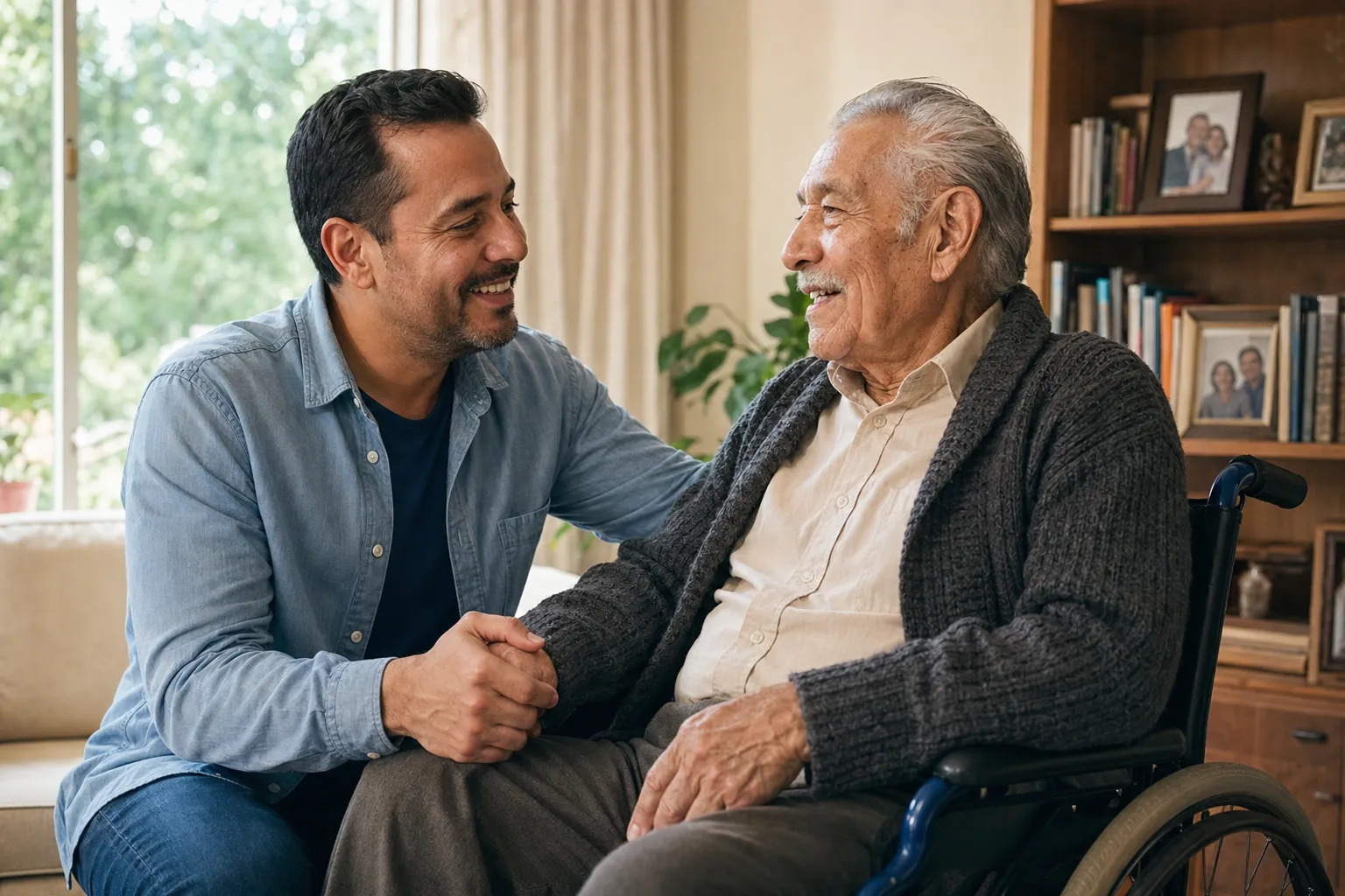 A son holding his elderly father's hand in a warm living room